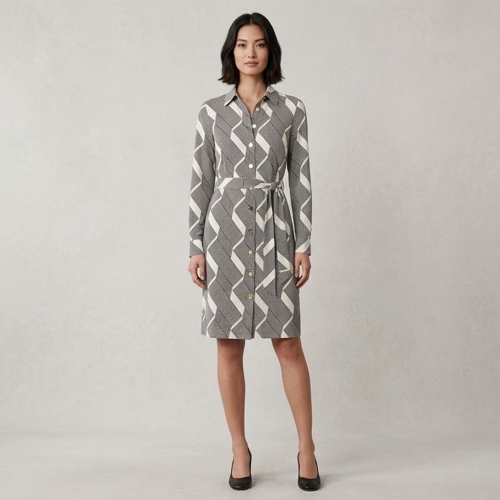 Diane Von Furstenberg 100% Silk Dress 6 Long Sleeve Vintage Ivory Black Classic